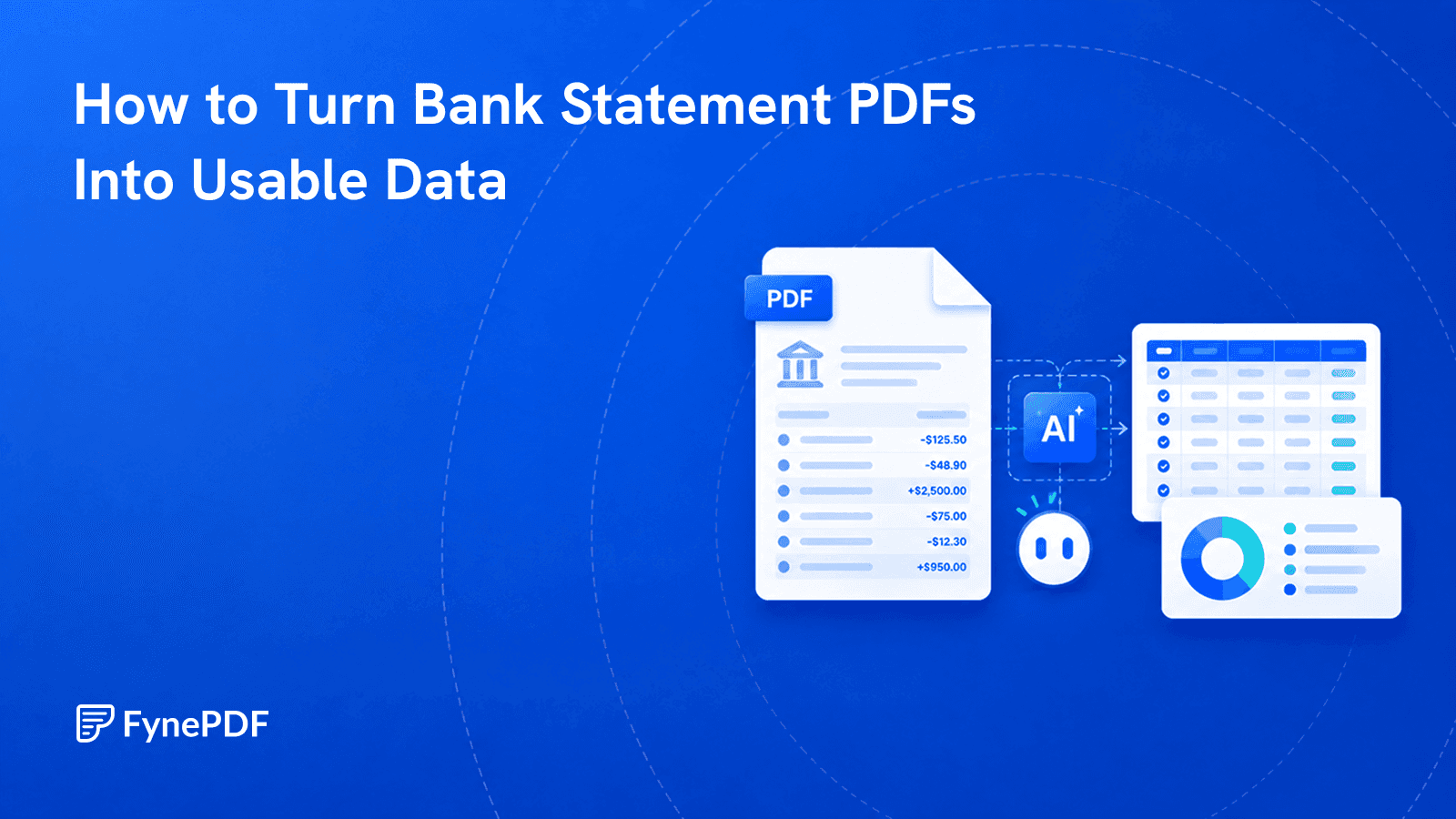 Bank statement PDF with transaction rows passing through an AI step into a structured table and spending chart.