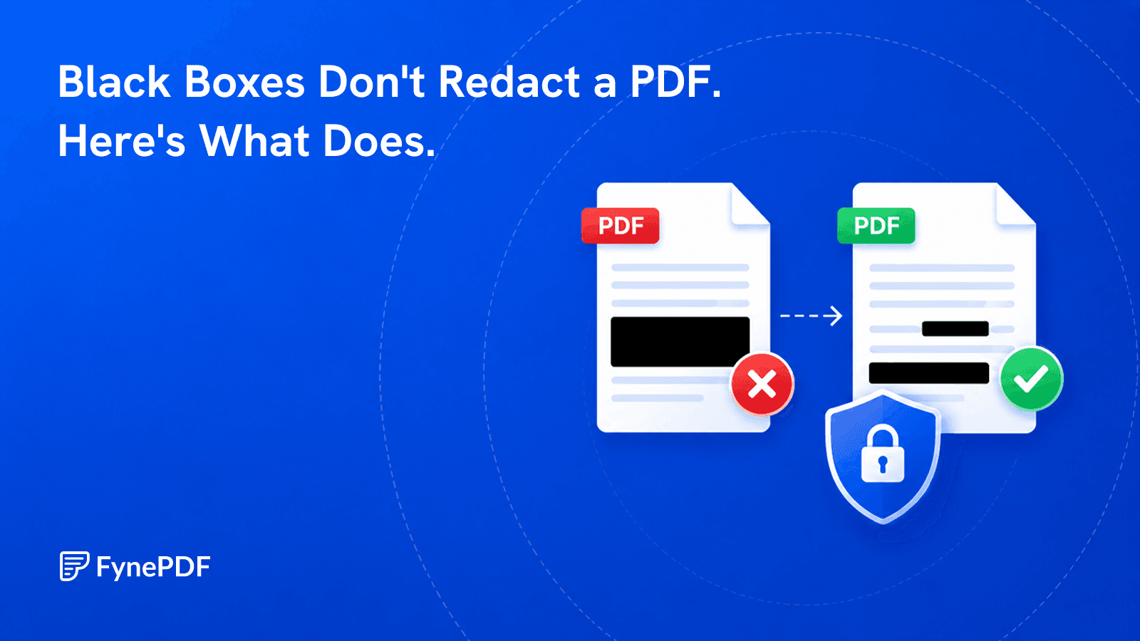 PDF with a drawn black box marked incorrect beside a properly redacted PDF where the text is removed and secured.