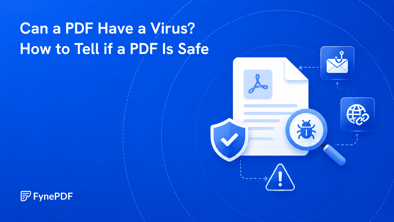 PDF inspected under a magnifier showing a malware icon, with shield, warning, email and web source indicators.