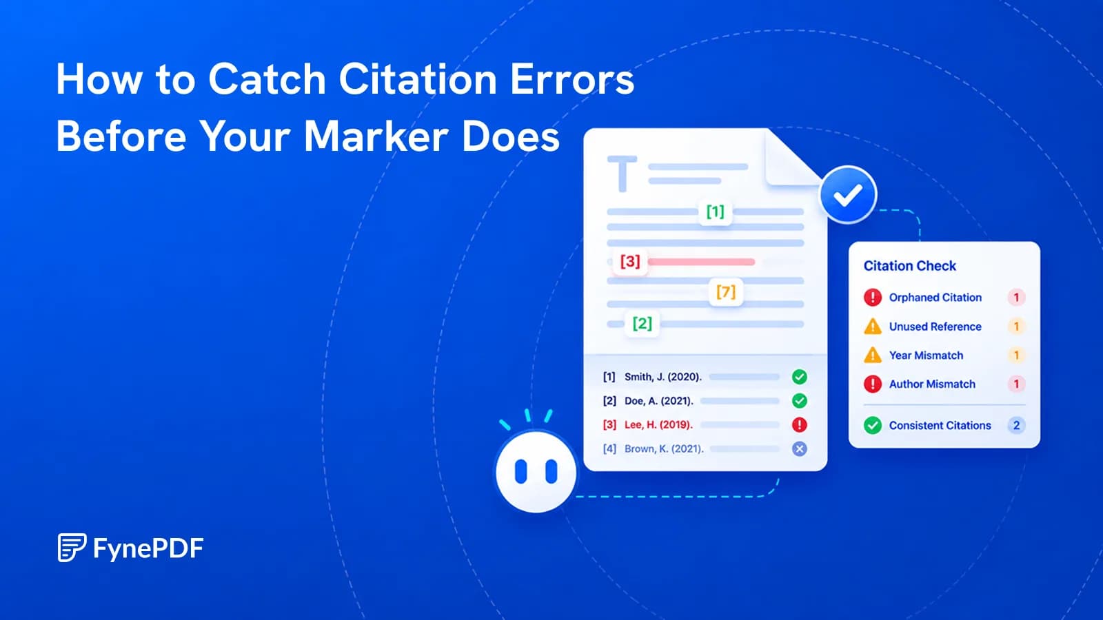 Essay with numbered citations beside a citation check panel flagging orphaned citations, unused references and year mismatches.