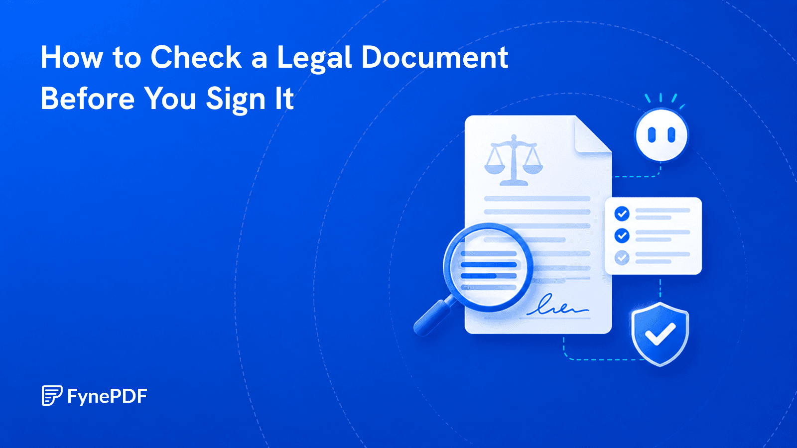 Legal document under a magnifier with a signature line and a completeness checklist beside it.