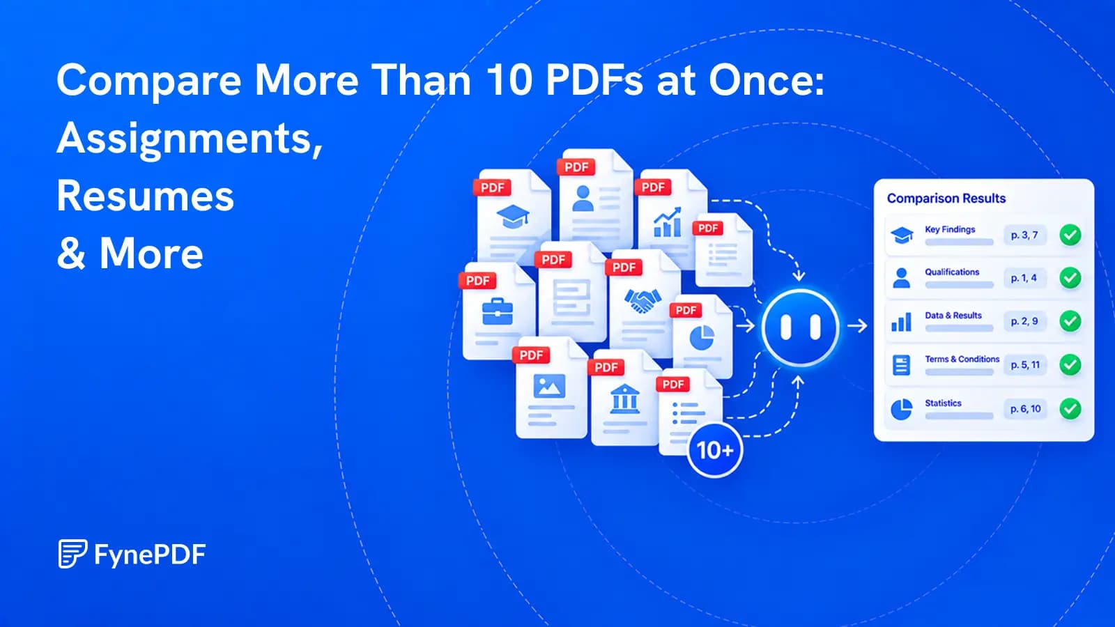 Many PDF assignments, resumes, proposals, and reports entering one cited AI comparison.