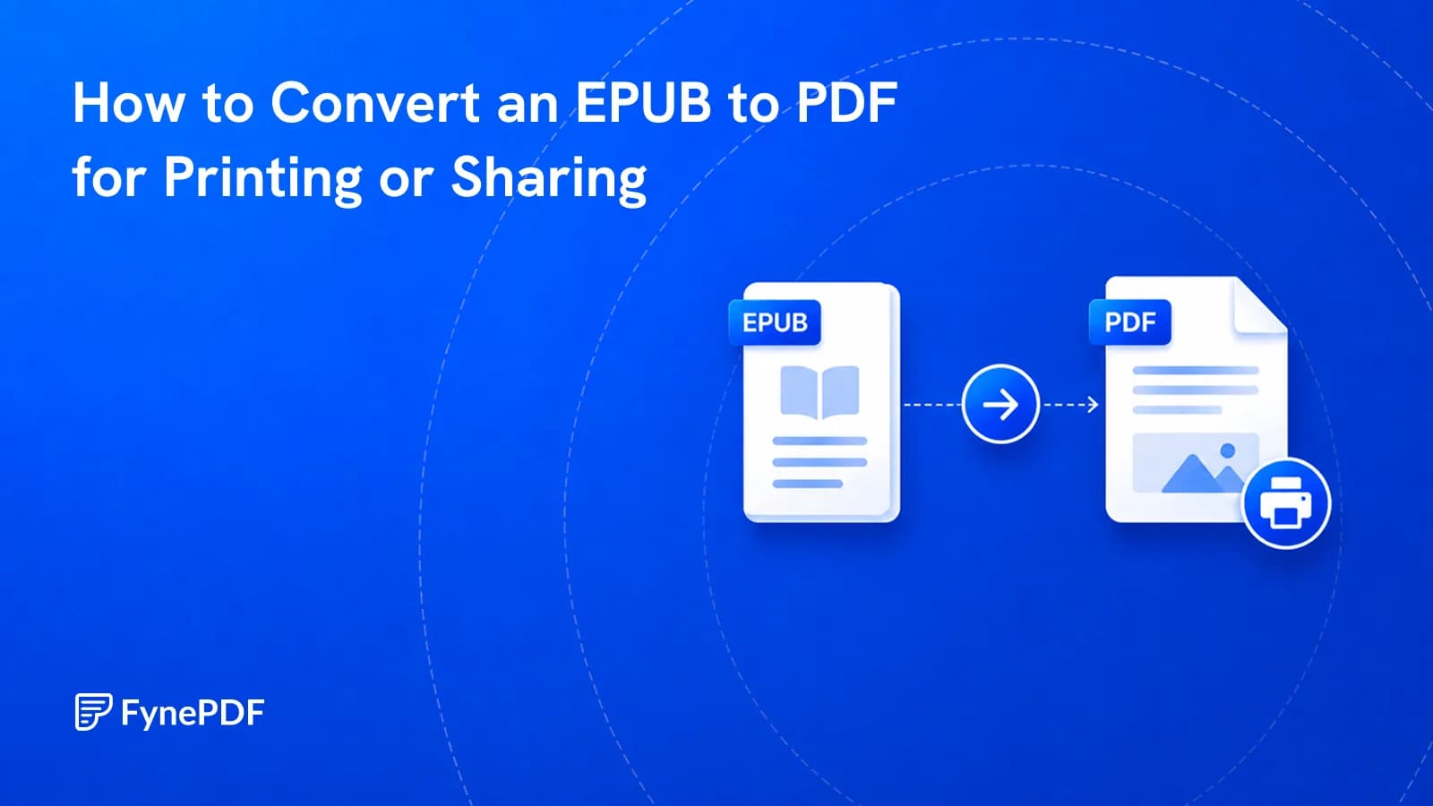 EPUB ebook file converting into a print ready PDF with a printer icon.