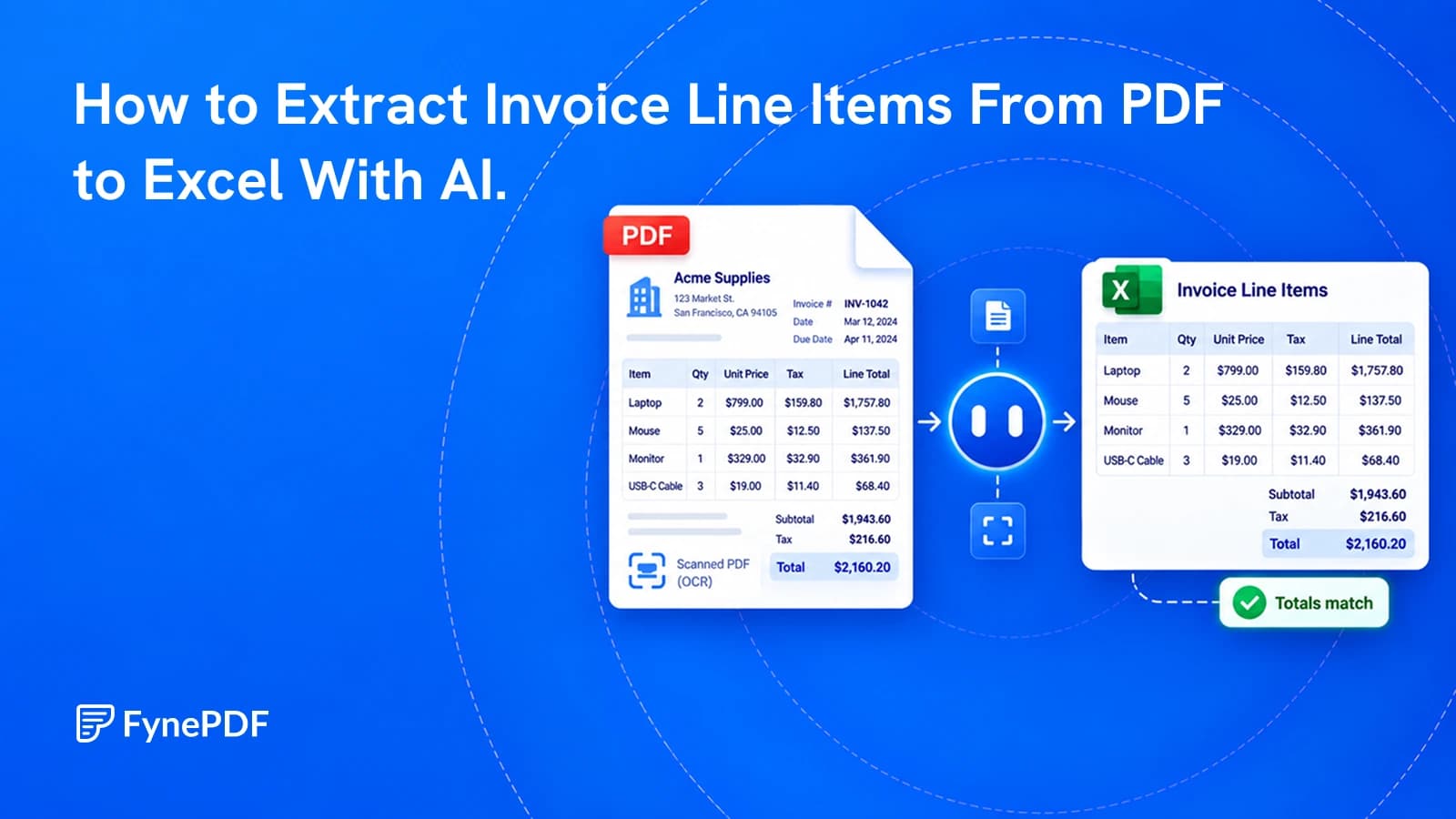 An invoice beside an Excel table with separate columns for item descriptions, quantities, unit prices and line totals.