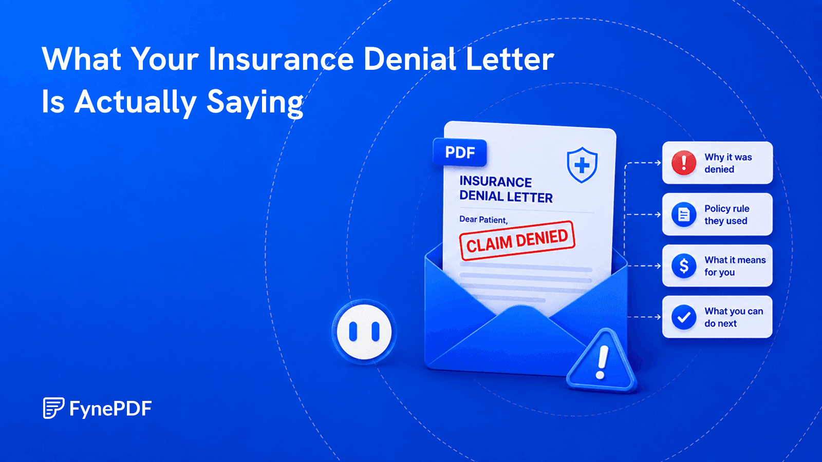 Insurance denial letter marked claim denied beside four cards explaining why it was denied and what you can do next.