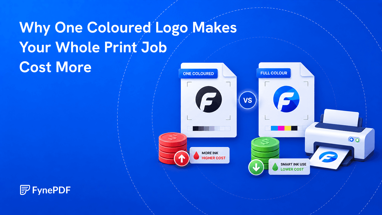 One colour logo page compared with a full colour version beside a printer and ink cost meters showing higher print cost.