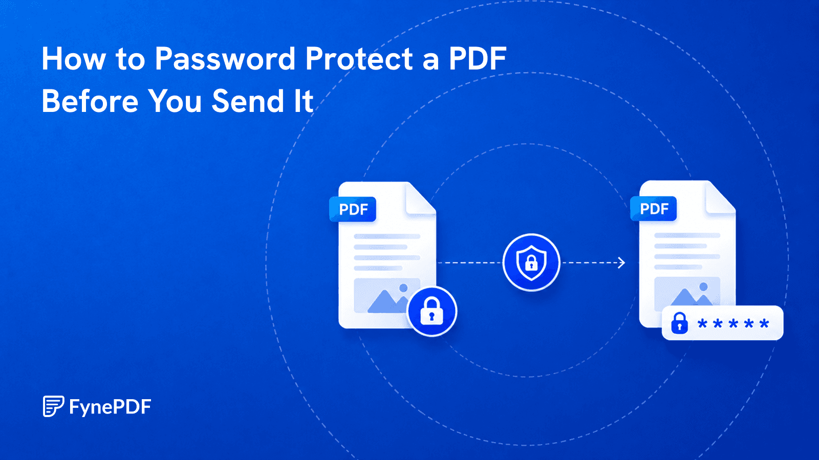 PDF passing through a shield icon and returning locked with a password field before it is sent.