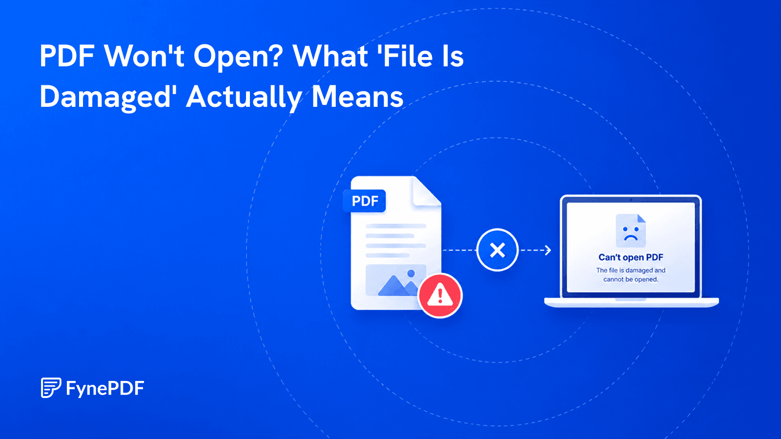 PDF with a warning icon failing to open on a laptop showing a file is damaged and cannot be repaired error.