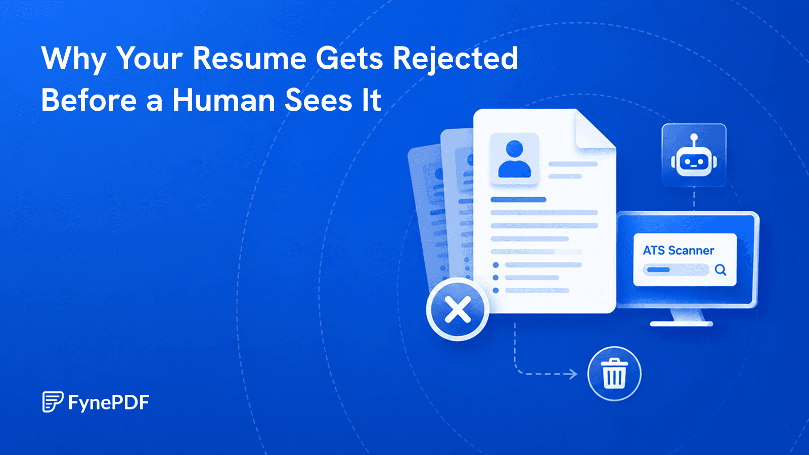 Resume marked with a red X beside an ATS scanner screen and a bot icon, showing how applicant tracking systems reject resumes.