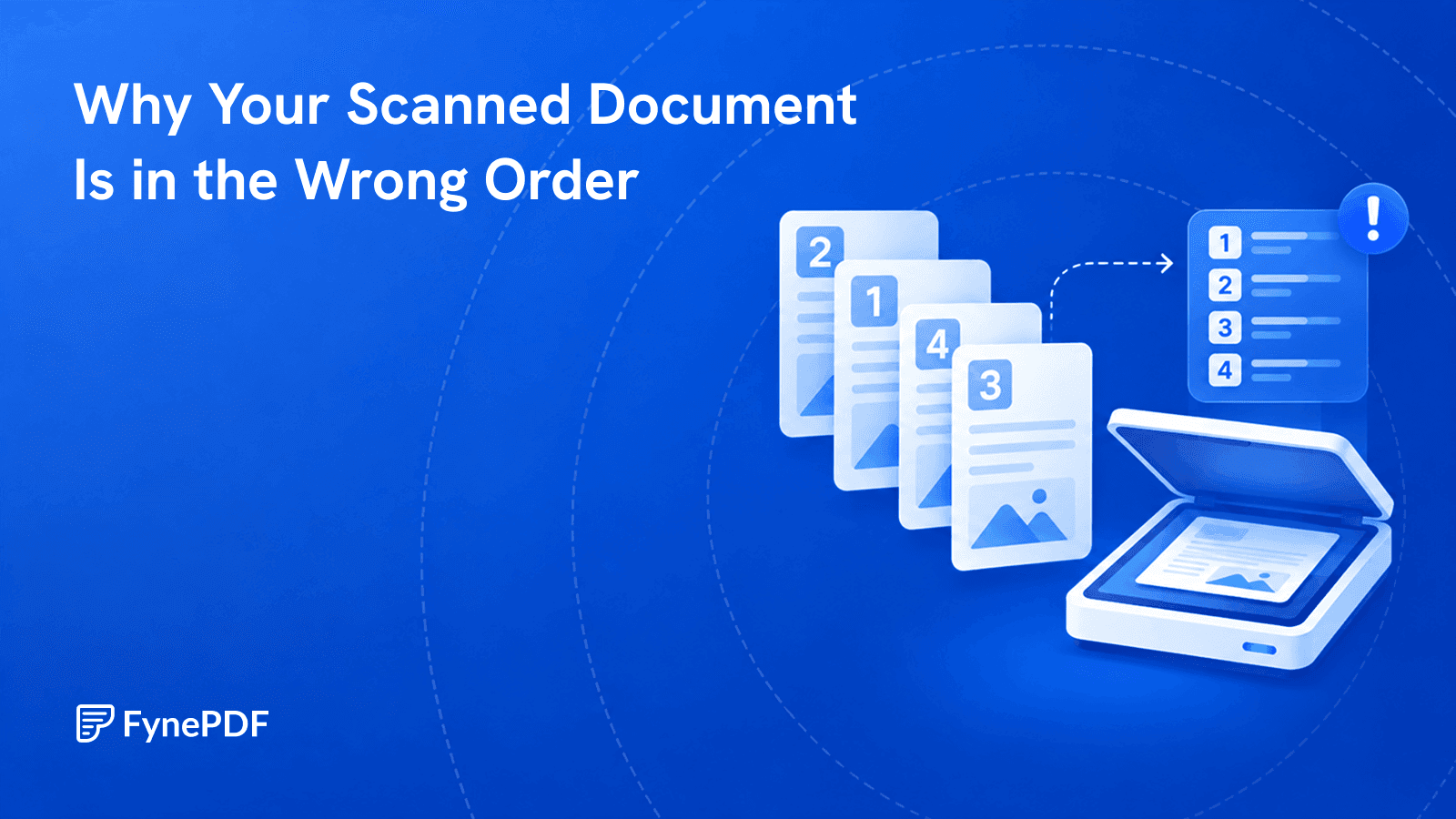 Scanned pages numbered out of sequence beside a scanner, illustrating why scanned PDF pages come out in the wrong order.