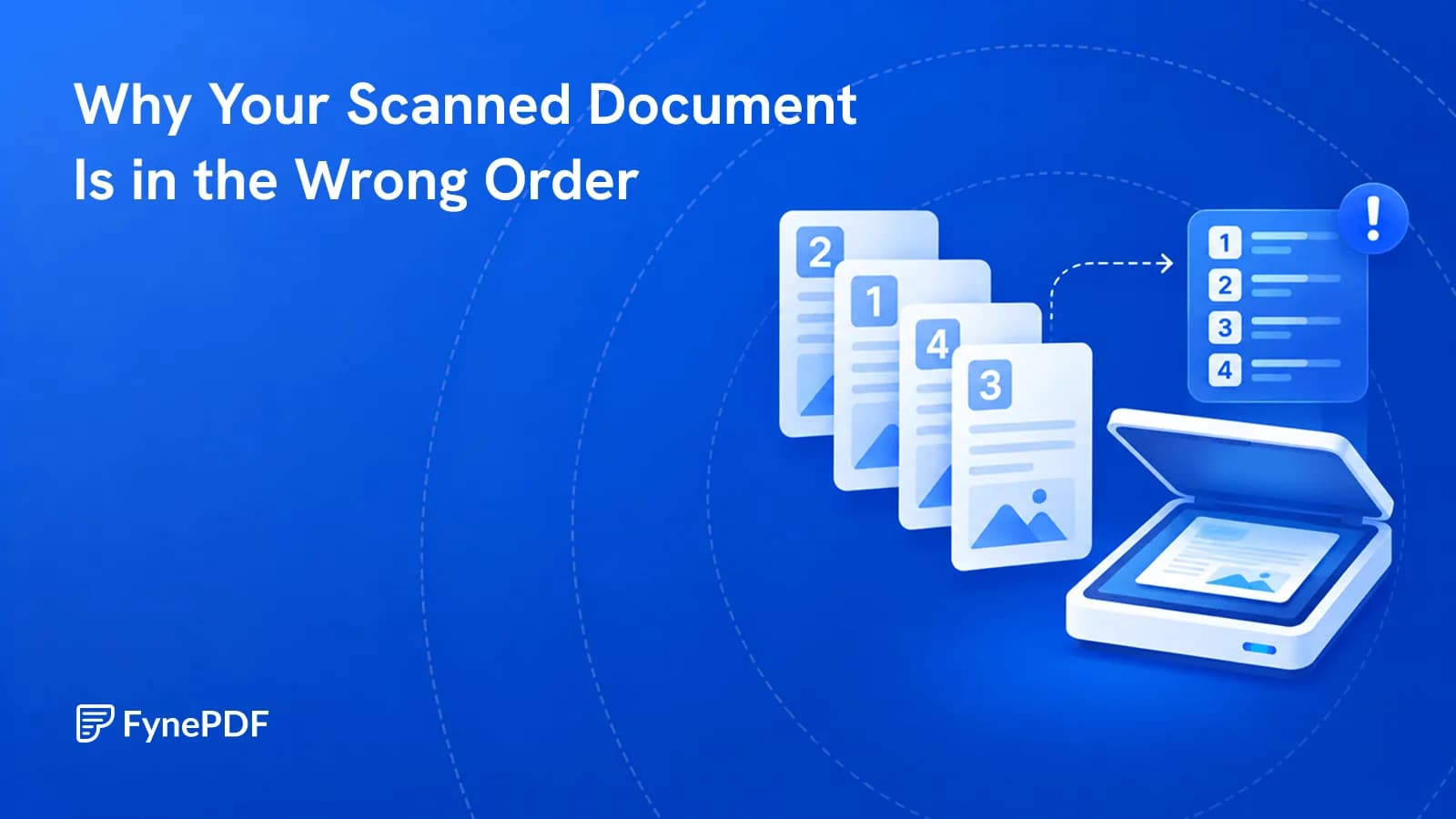 Scanned pages numbered out of sequence beside a scanner, illustrating why scanned PDF pages come out in the wrong order.