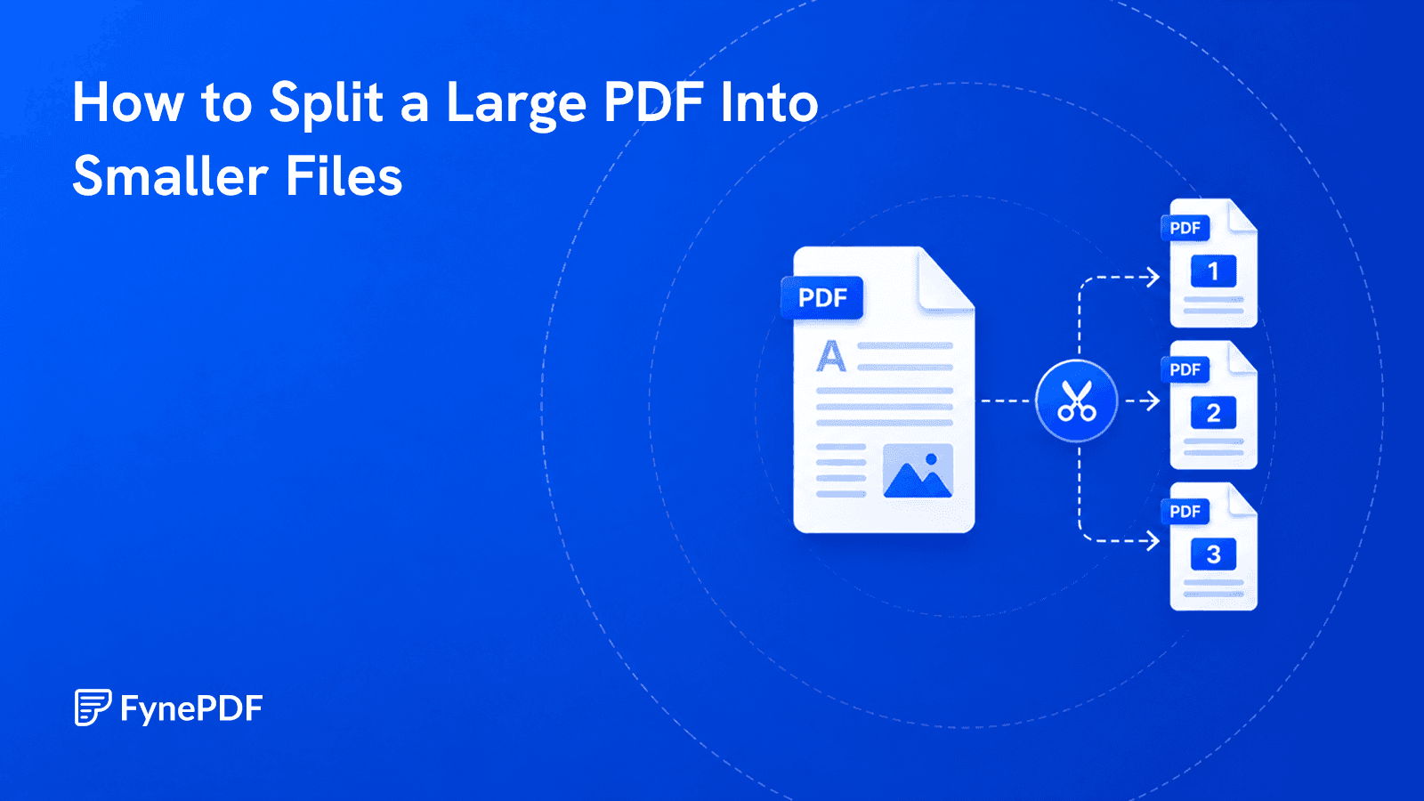 Large PDF passing through a scissors icon and separating into three numbered smaller PDF files.
