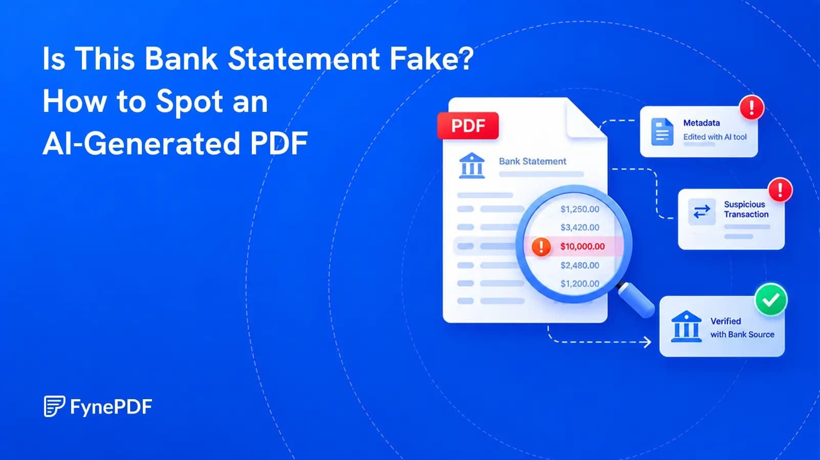 Bank statement under review with mismatched balances, altered PDF metadata, and a bank-source verification check beside it.