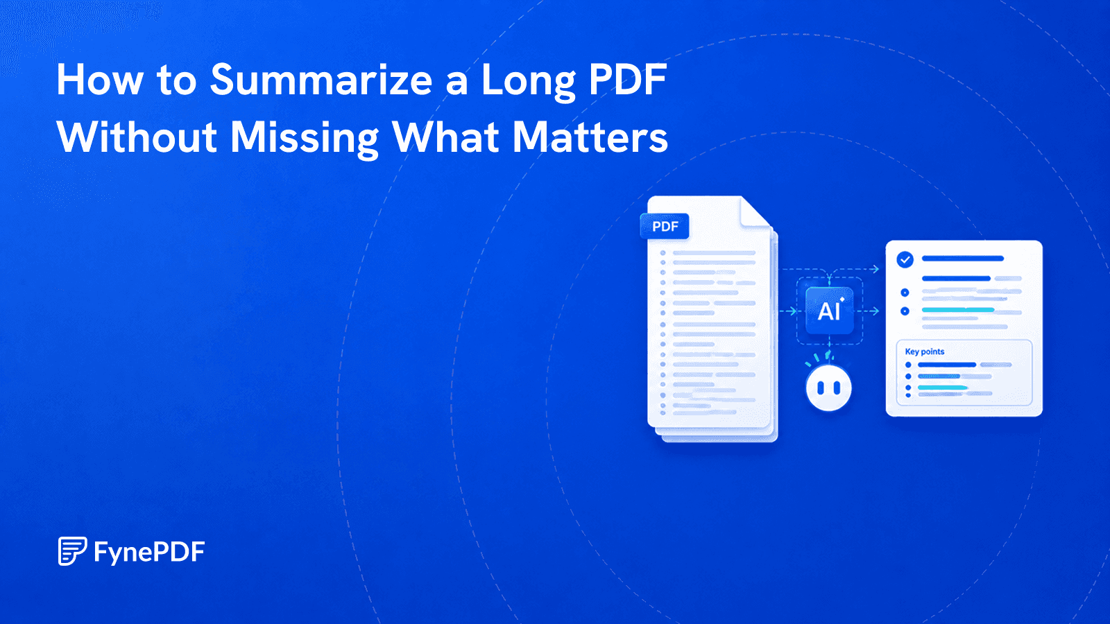 Long multi page PDF passing through an AI step into a condensed summary page with key points listed.