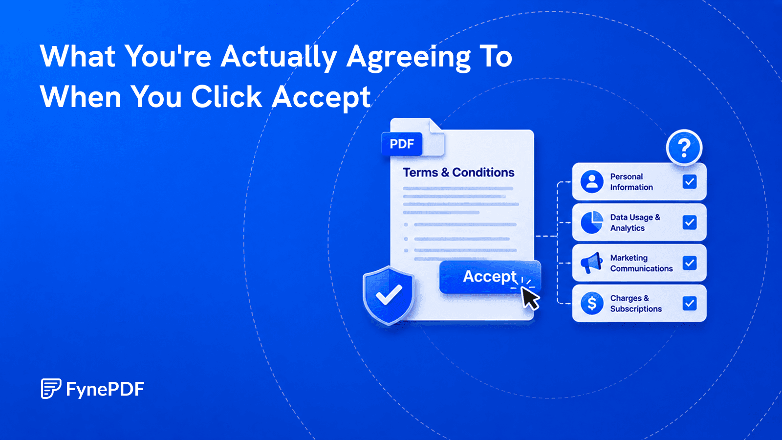 Terms and conditions document beside an Accept button and a checklist of personal data, analytics, marketing and charges.
