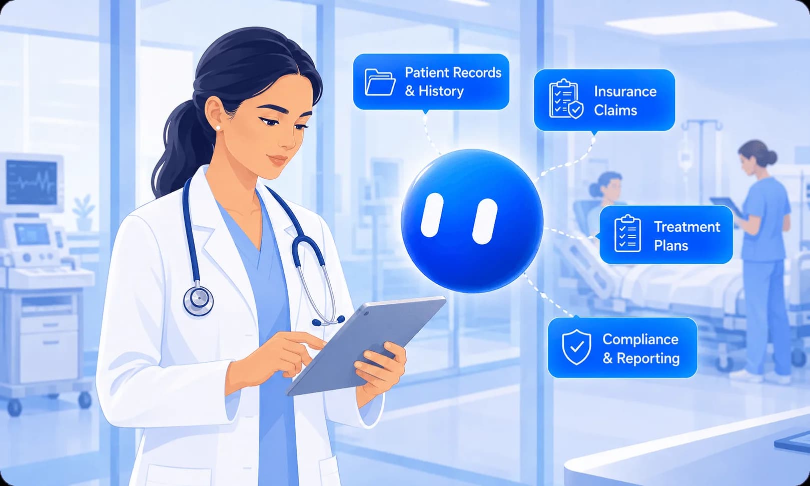 Doctor reviewing documents on a tablet in a hospital ward, with labels for patient records, insurance claims and compliance.