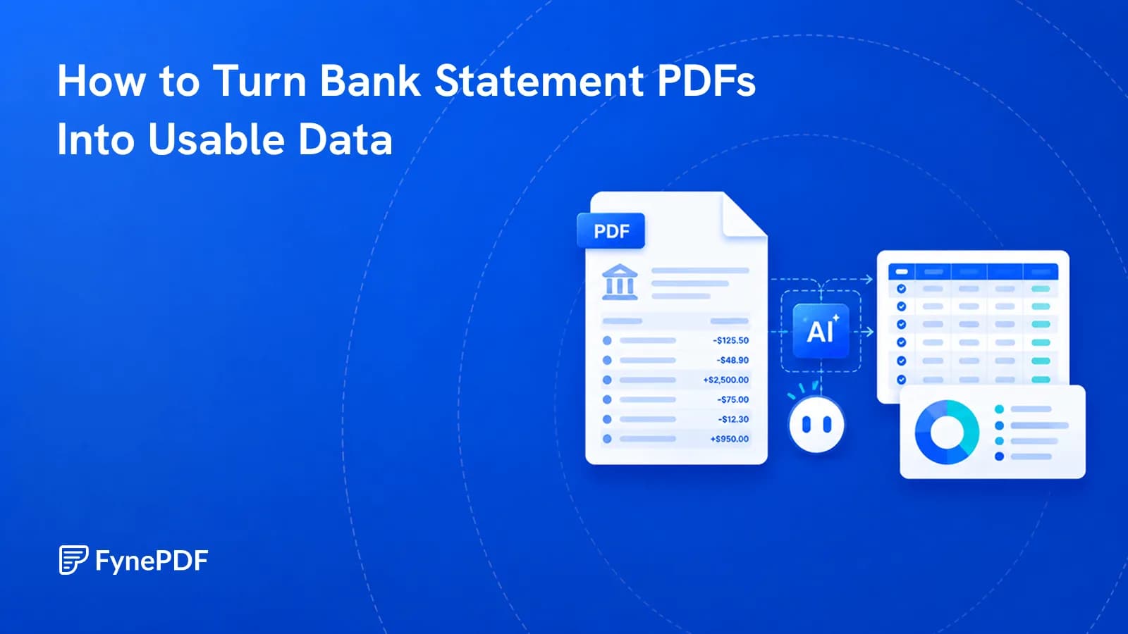 Bank statement PDF with transaction rows passing through an AI step into a structured table and spending chart.