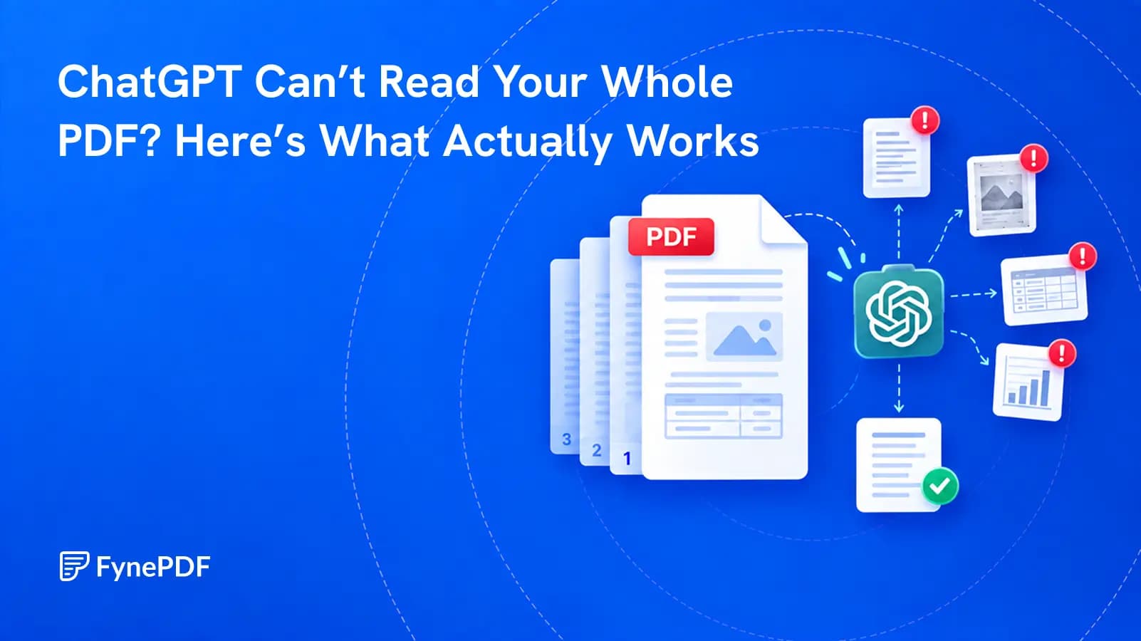 Long PDF beside a ChatGPT conversation that flags a missed scanned page, broken table, and unreadable chart before showing a verified answer.