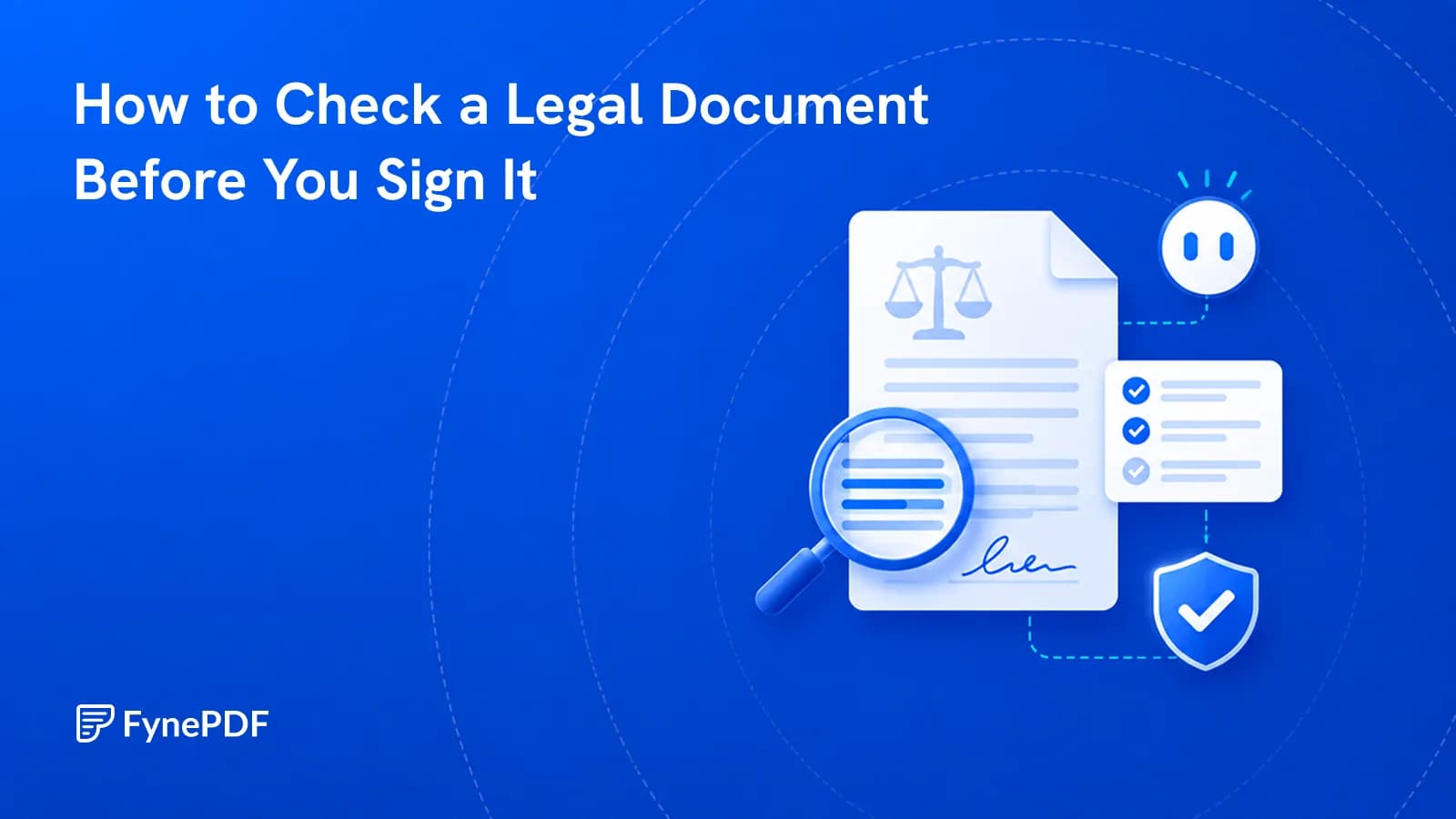 Legal document under a magnifier with a signature line and a completeness checklist beside it.