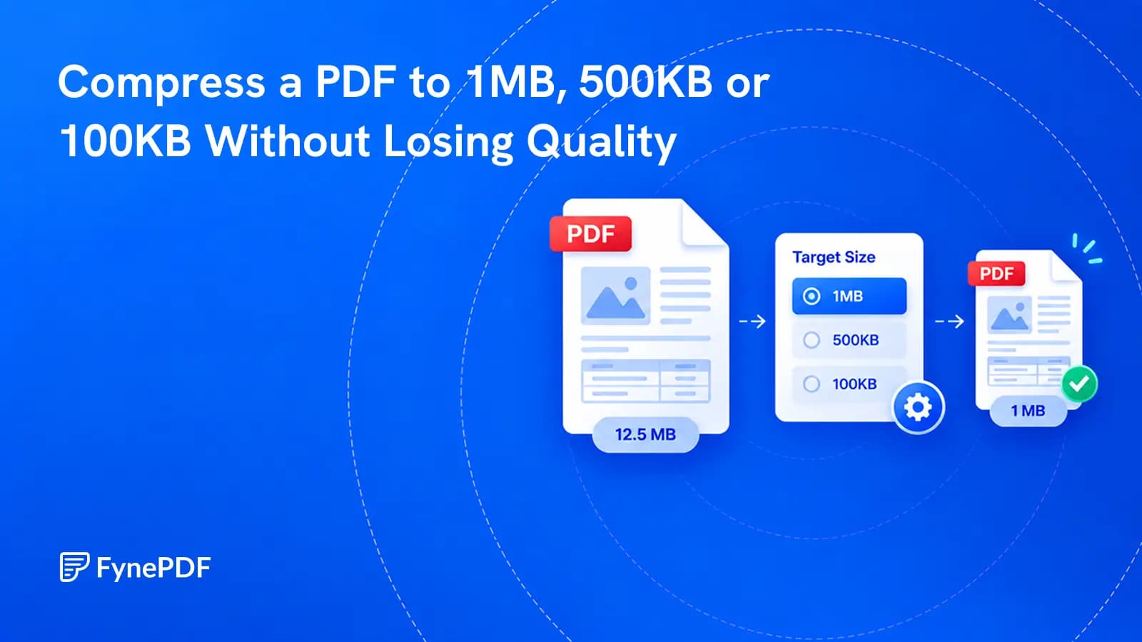 FynePDF target-size controls set to compress a PDF to 1MB, 500KB, or 100KB while preserving readable text and images.