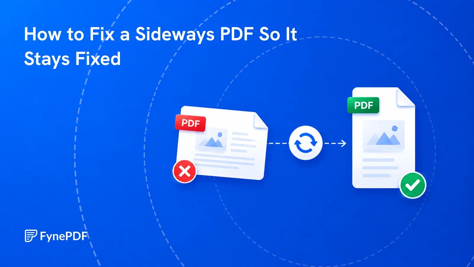 Sideways PDF marked with a red X rotating upright into a corrected file with a green checkmark.