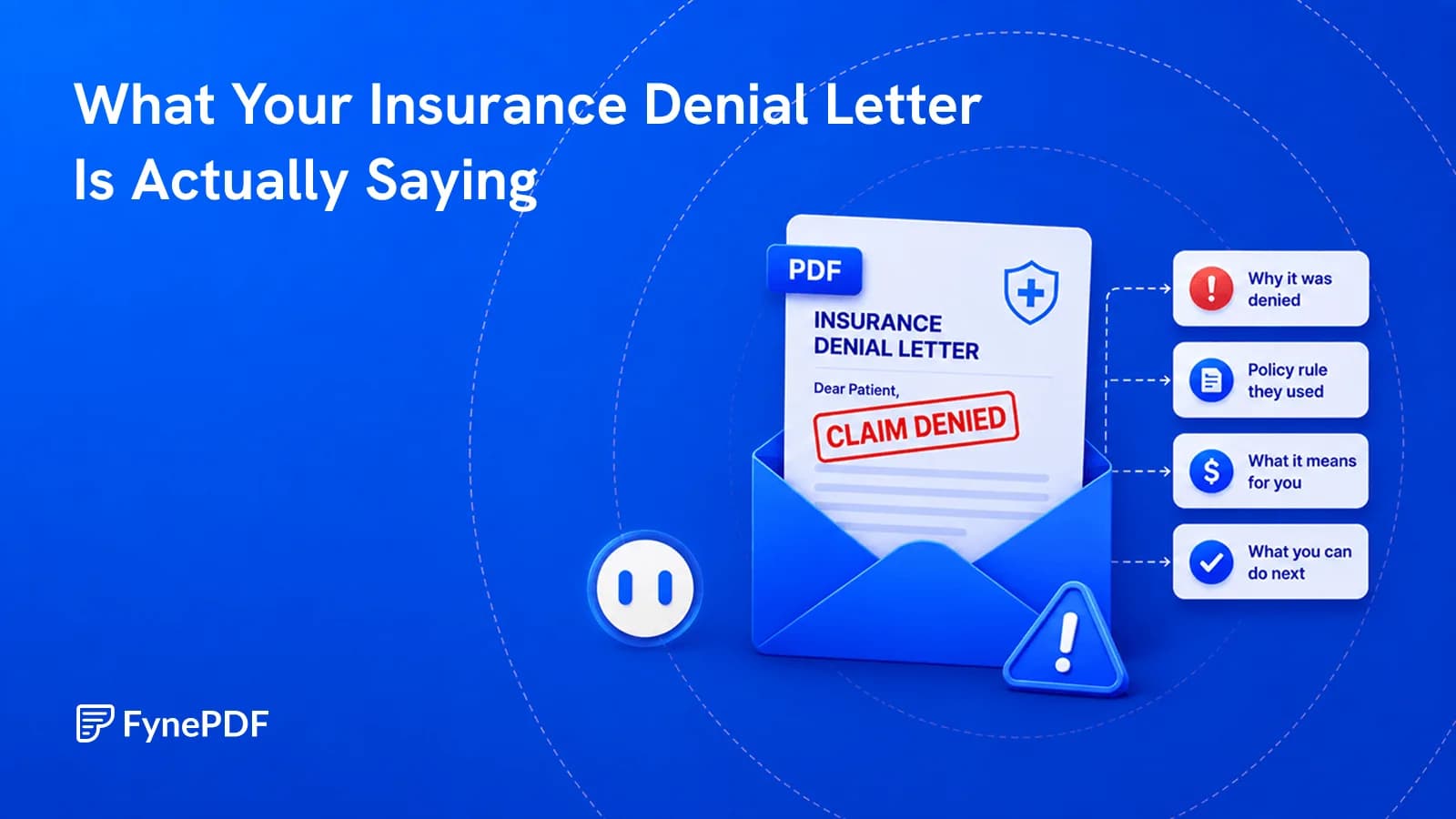 Insurance denial letter marked claim denied beside four cards explaining why it was denied and what you can do next.