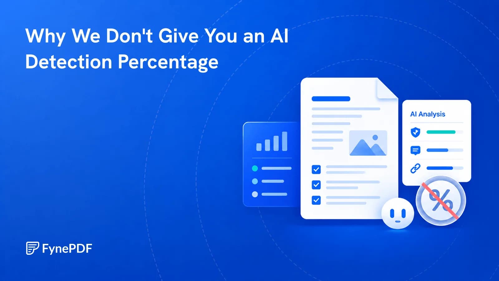Document beside an AI analysis panel with a crossed out percentage gauge, showing AI detection results given without a score.