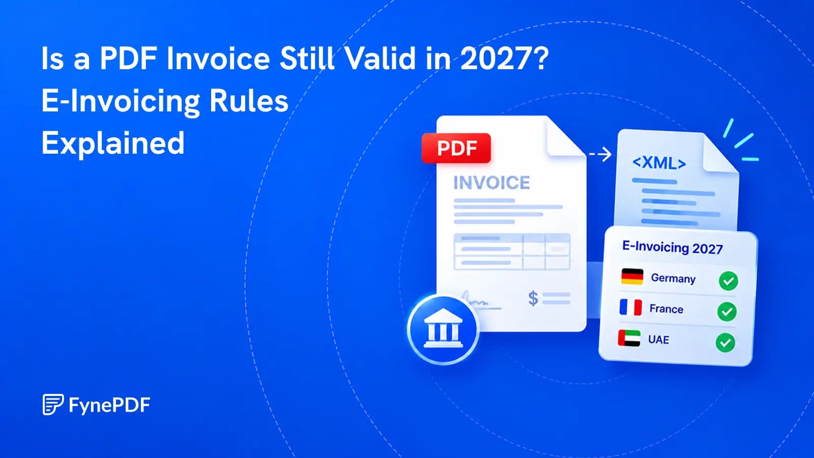 PDF invoice beside structured XML data and an e-invoicing compliance checklist for Germany, France, and the UAE.