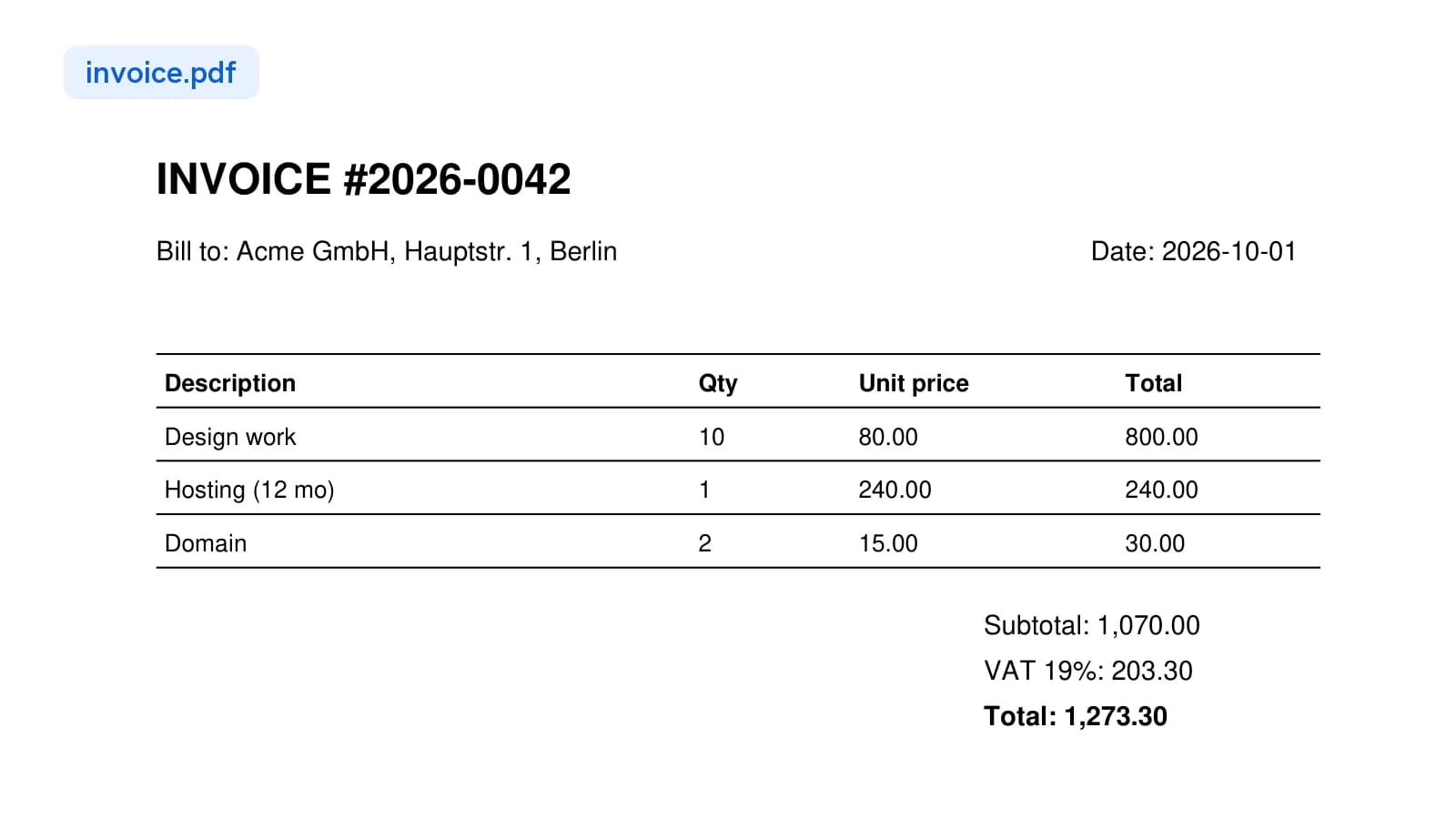 An invoice PDF with a header, three line items and subtotal, VAT and total lines under the table.