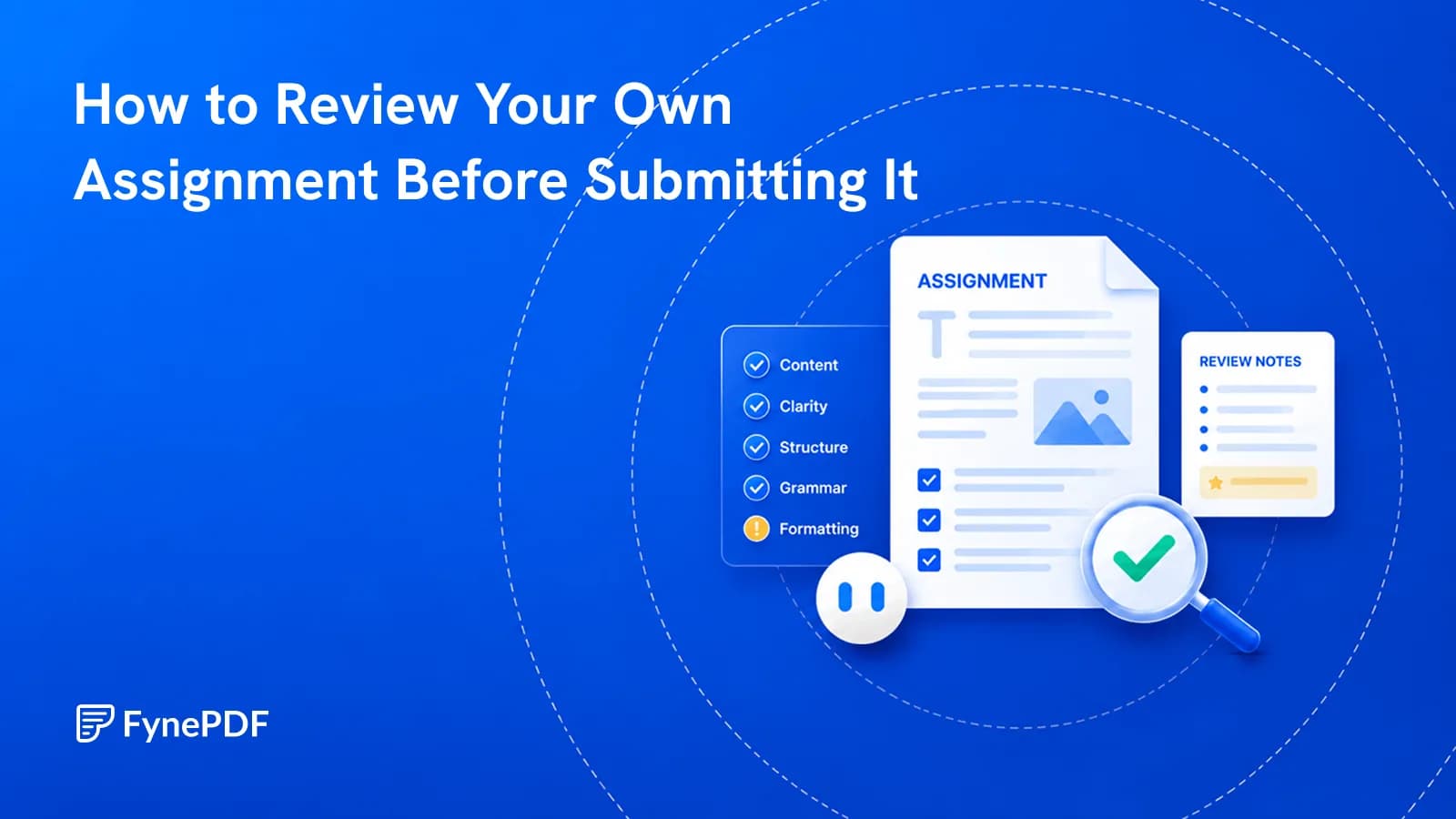 Assignment document under a magnifier beside a checklist of content, clarity, structure, grammar and formatting with review notes.