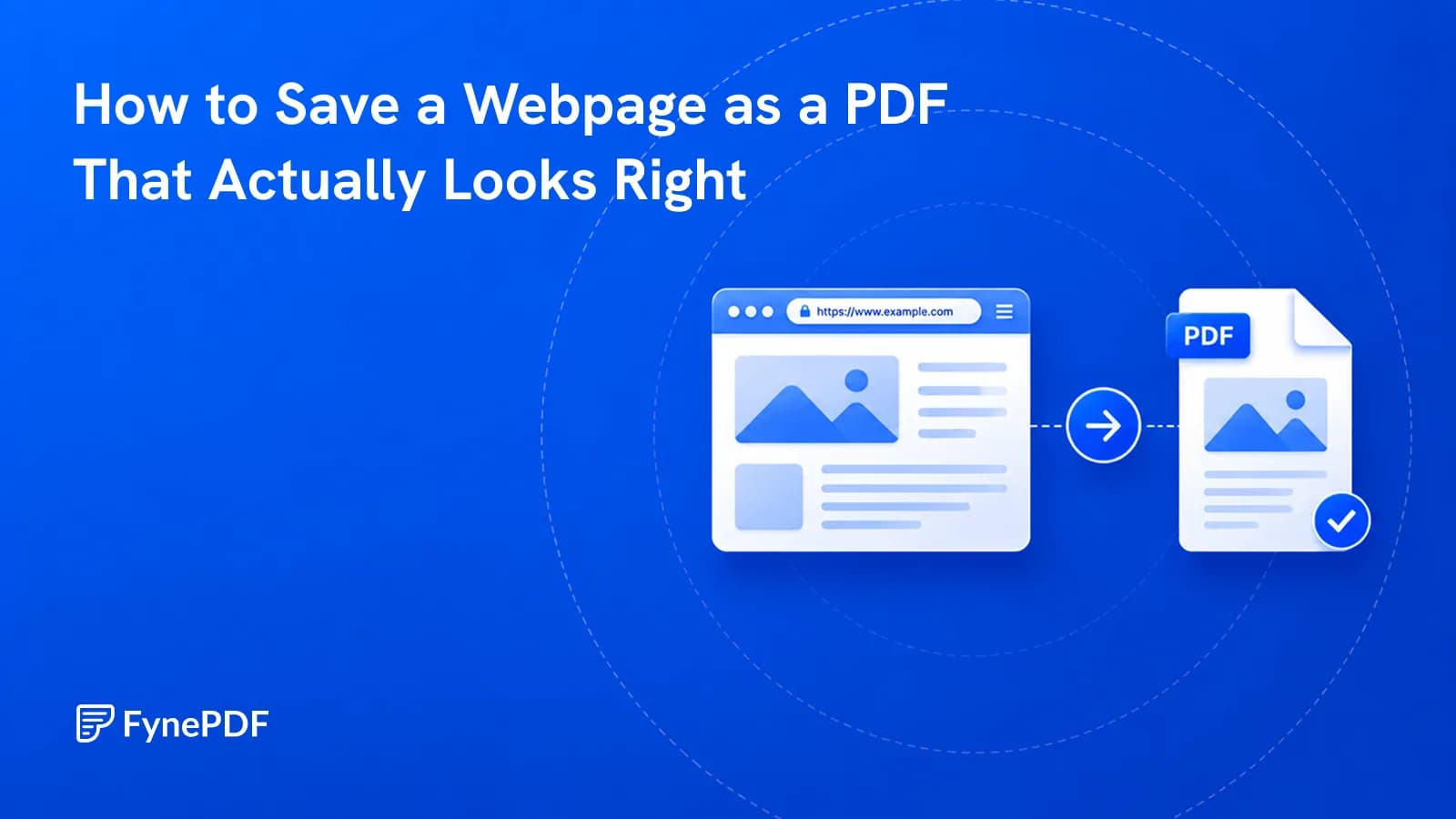 Browser window with a webpage layout converting into a PDF that preserves images and text placement.