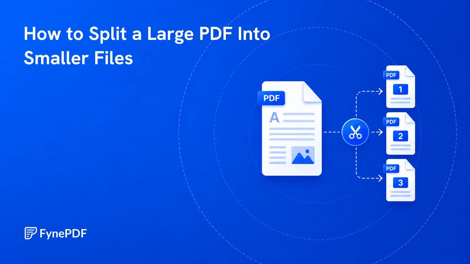 Large PDF passing through a scissors icon and separating into three numbered smaller PDF files.